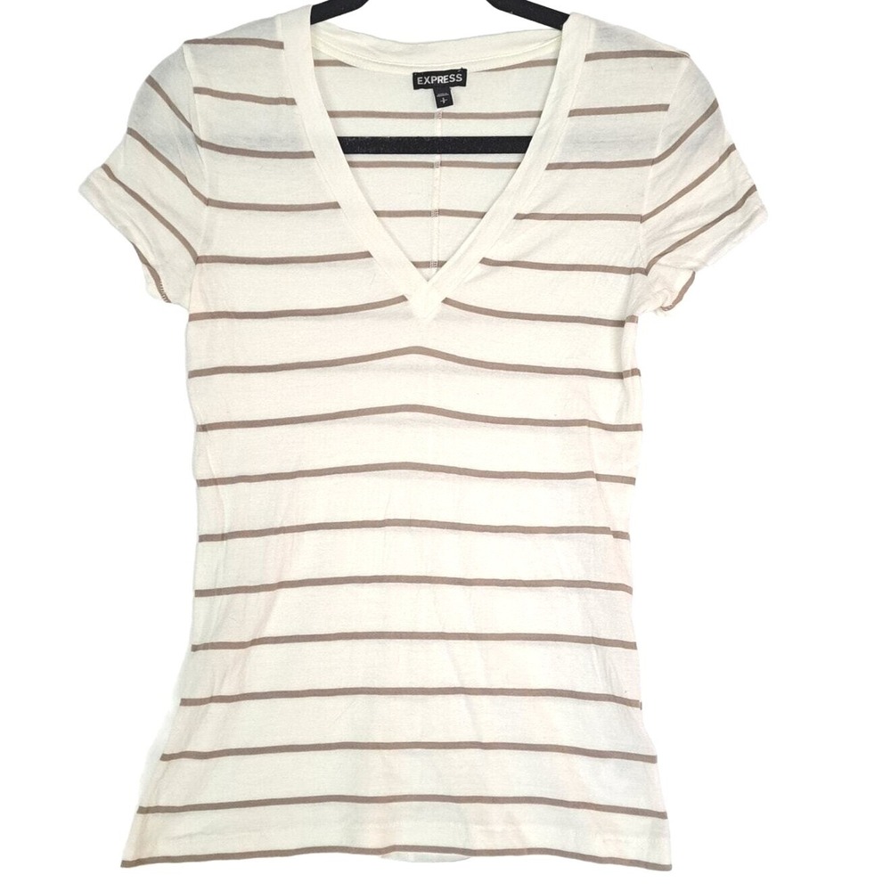 Express V Neck Tee Women S Beige Tan Striped Short Sleeve Neutral Casual‎